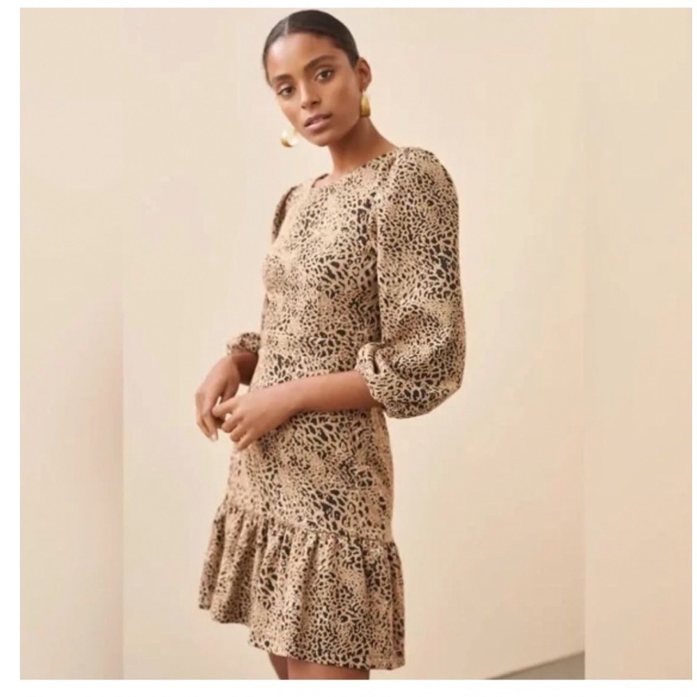 Maeve Anthropologie Leopard Print Puff Sleeve Tie Back Ruffle Mini Dress Size 8